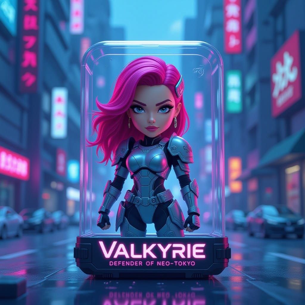 Vibrant Valkyrie Action Figure in Neon-Lit Cityscape