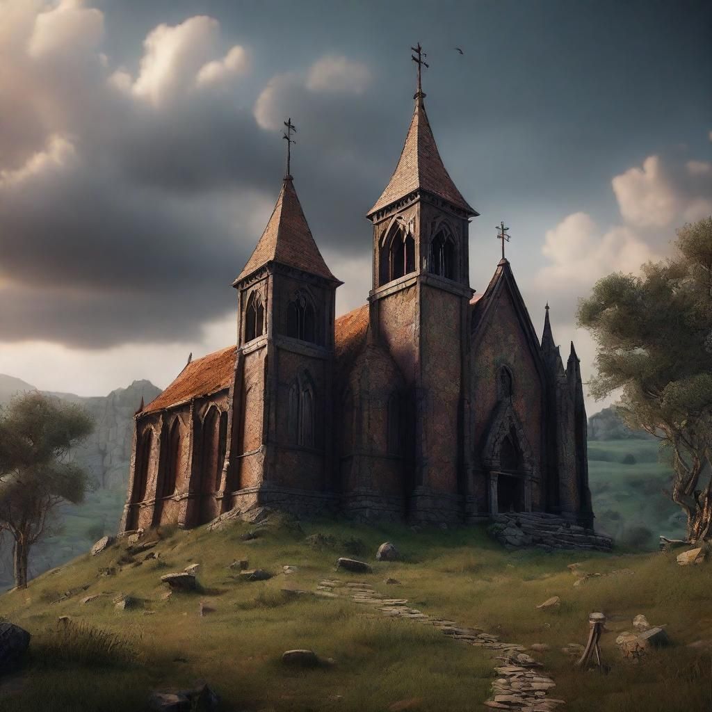 Abandoned Chapel on Hill: Detailed Matte Painting