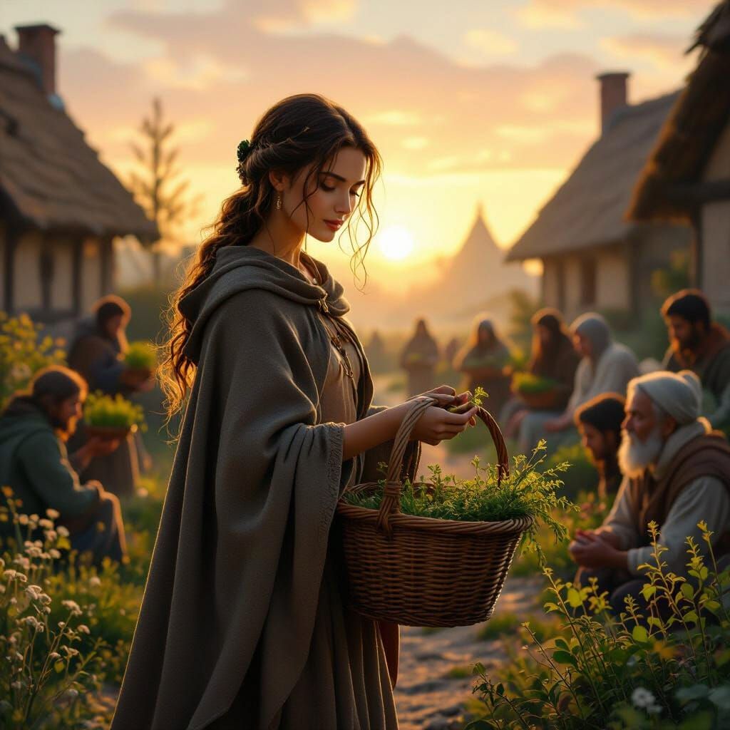 Medieval Village at Sunrise: Woman Distributes Herbs
