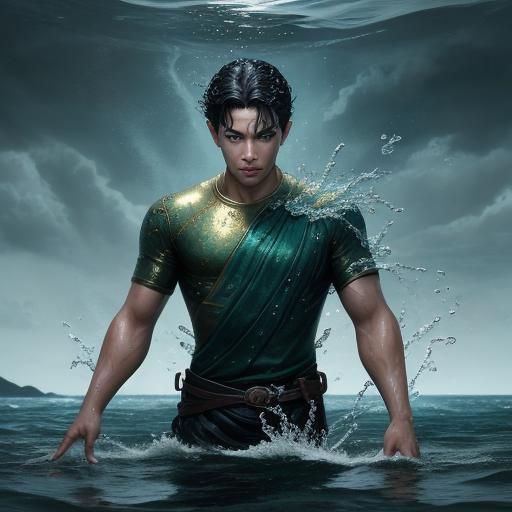 Hydrokinetic Boy in Ocean of Golden Water: Digital Art