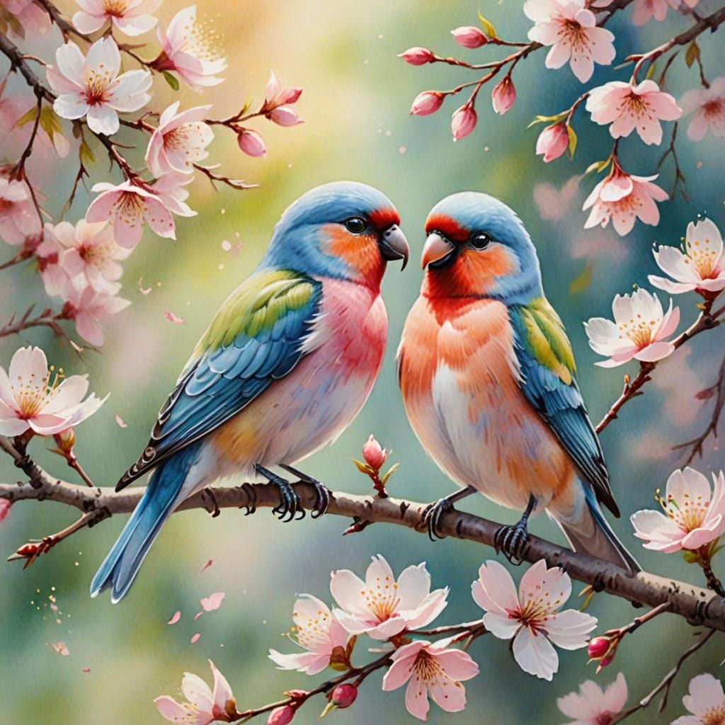 Lovebirds in Watercolour Cherry Blossom Painting