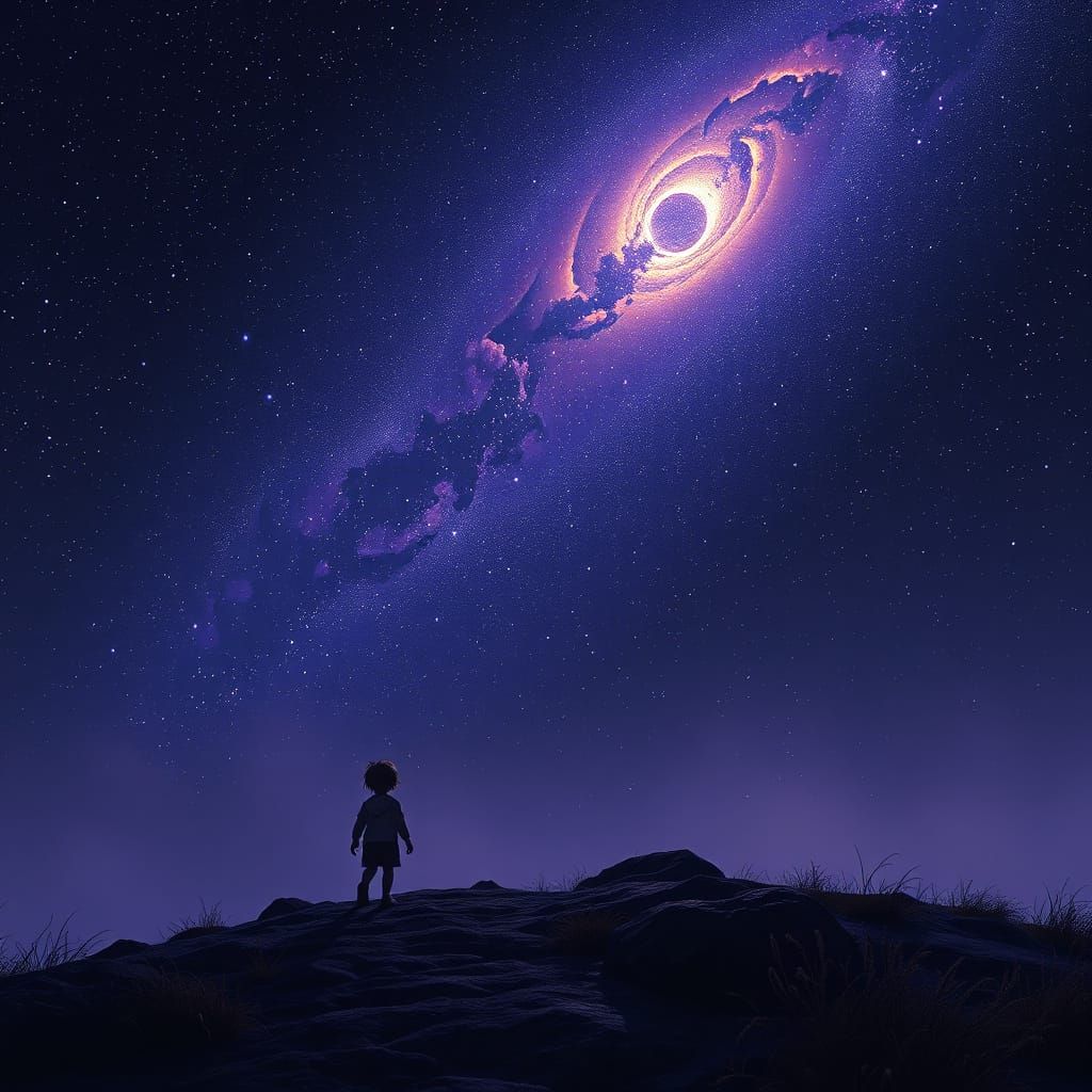 Solitary Child Follows Gentle Star on Dark Night