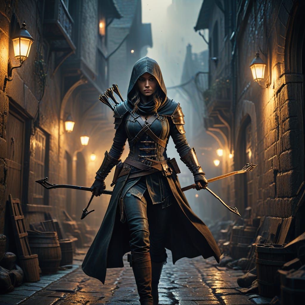 Sleek Assassin Emerges from Shadows in Medieval Alleyway