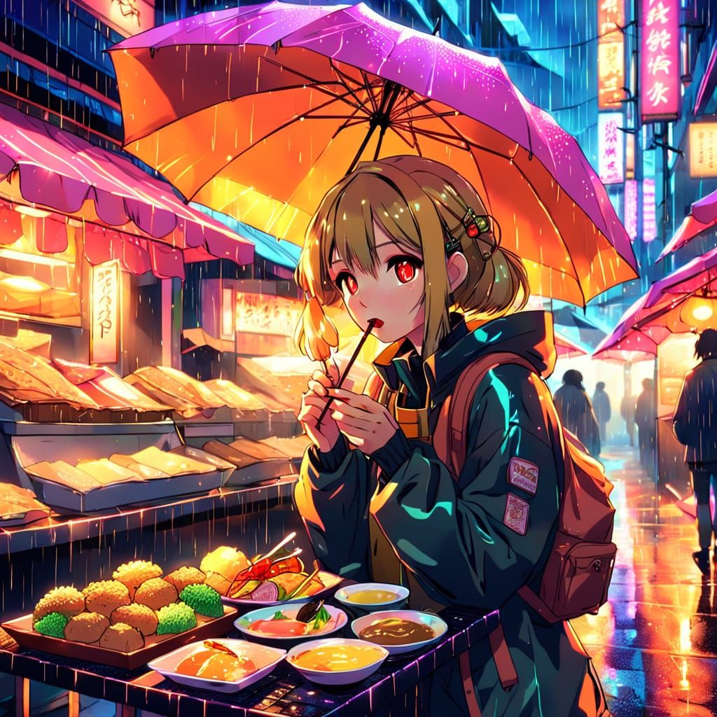 Anime Girl Eats Exotic Food in Neon Tokyo
