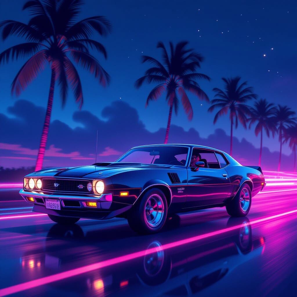 Retro 80s Muscle Car in Neon Cityscape