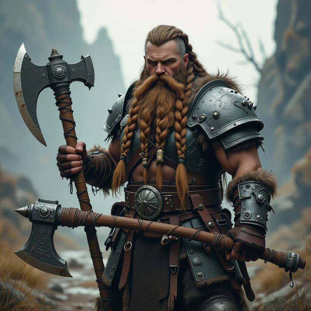 Grim Dwarf Warrior in a Cinematic Fantasy Scene