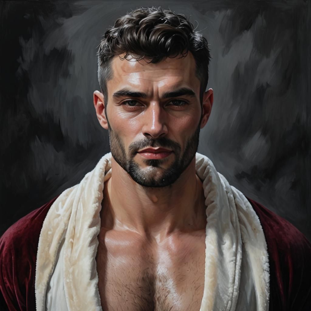 Elegant Hunk in Velvet Robe: Expressionist Oil Painting