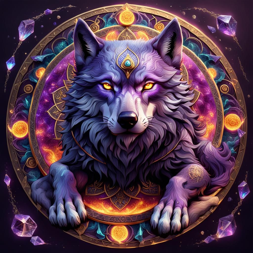 Flaming Purple Wolf on Crystal Mandala