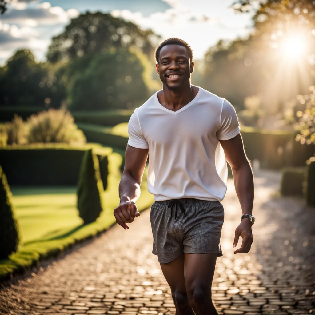 Man Descending Manor Steps in Divine Light
