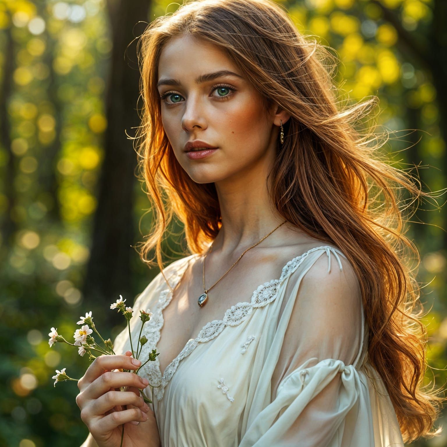 Ethereal Woman in Sun-Dappled Forest Portrait