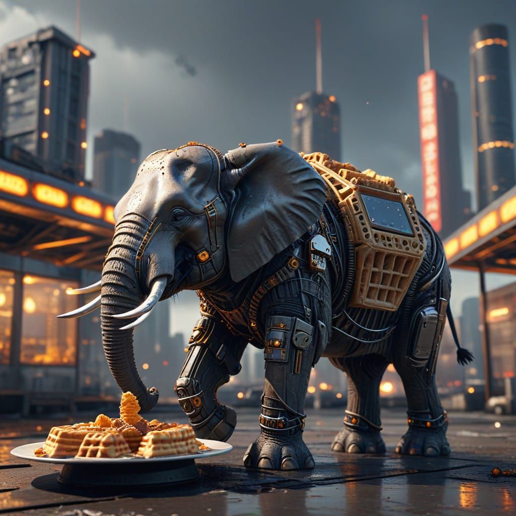Mechanical Elephant Eats Waffles in Futuristic City