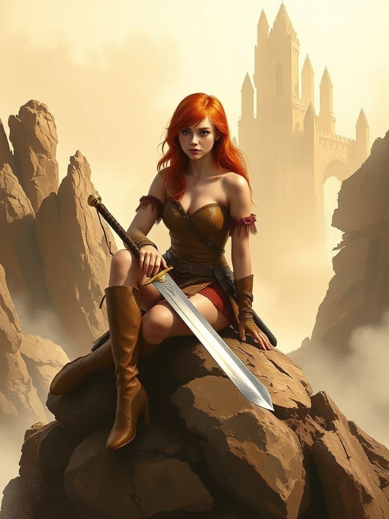 Fantasy Warrior on Golden Rock Face