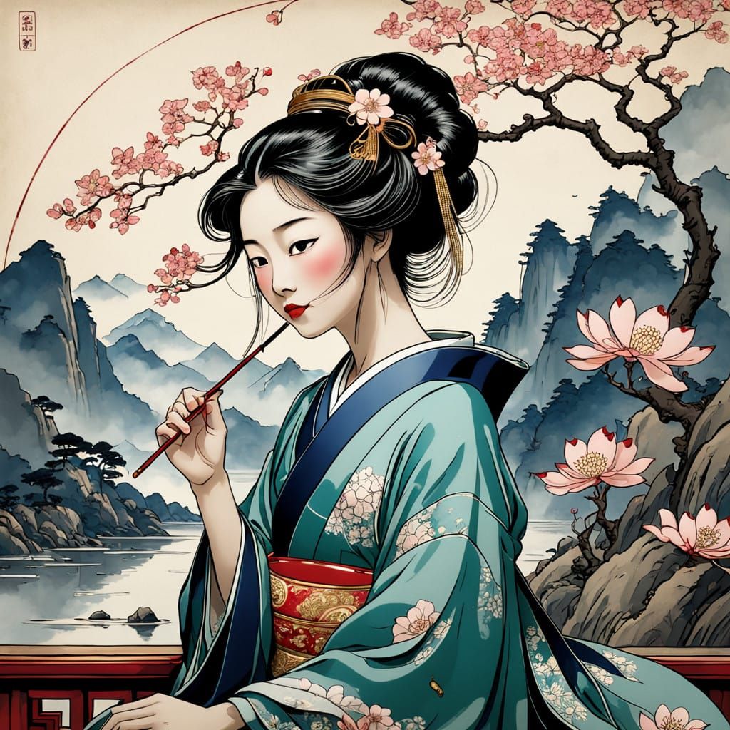 Elegant Geisha Sits Amidst Chinese Countryside