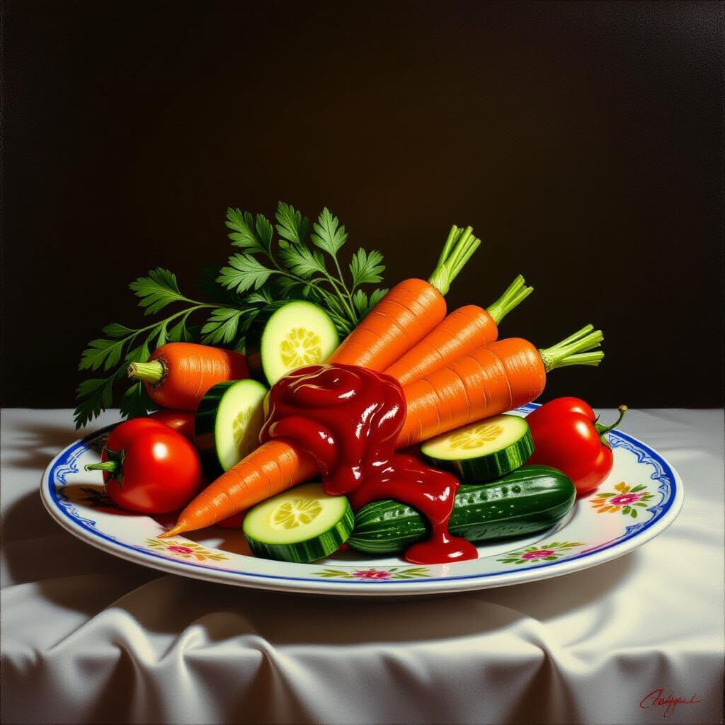 Vibrant Still Life of Vegetables with Ketchup in Golden Age ...