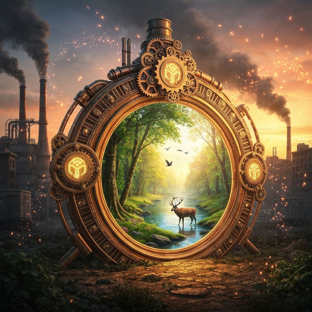 Steampunk Portal to Vibrant Forest River at Sunset