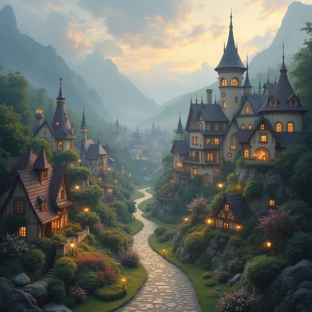 Whimsical Fantasy Town with Shimmering Spires