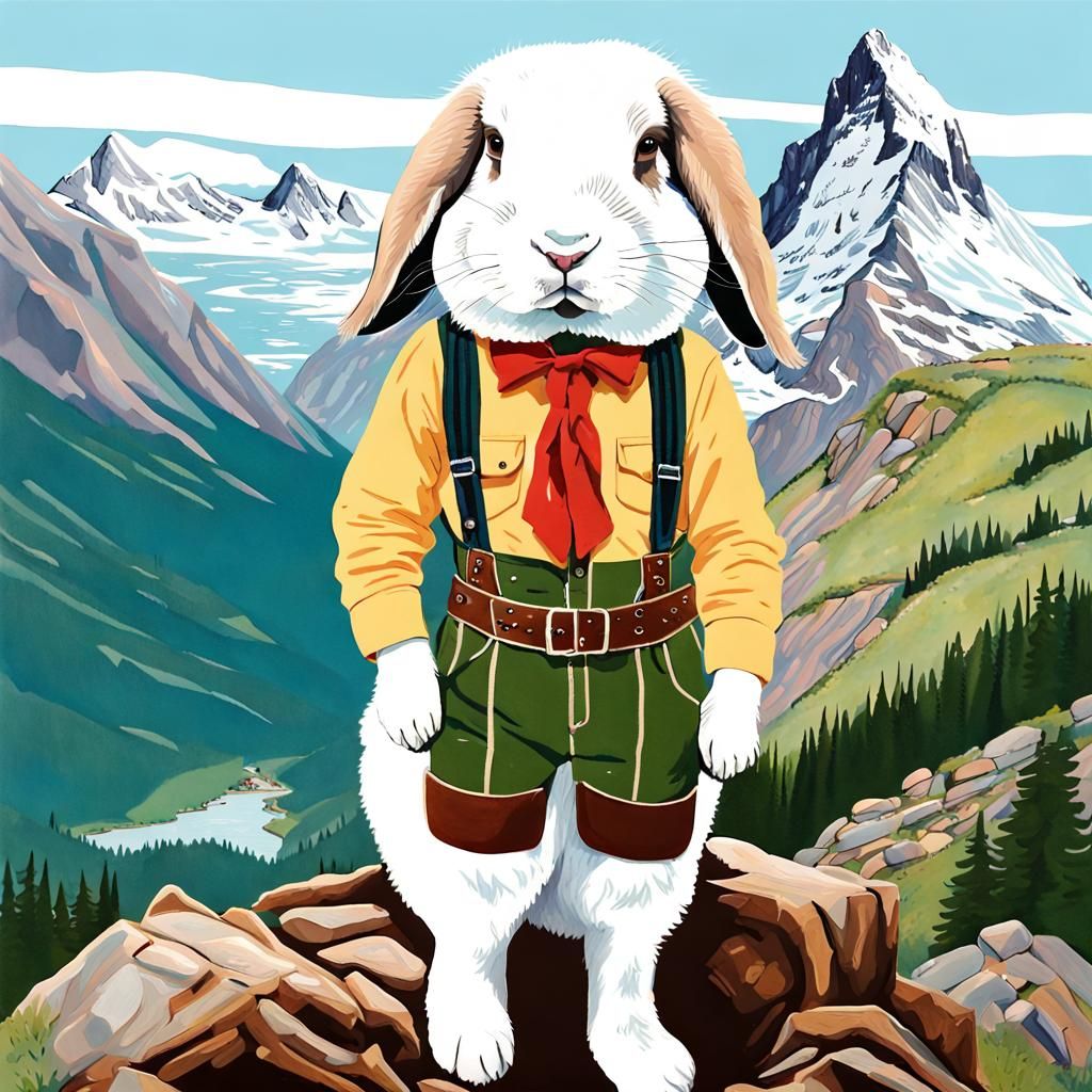 Holland Lop Hiker in Gouache, Wes Anderson Style