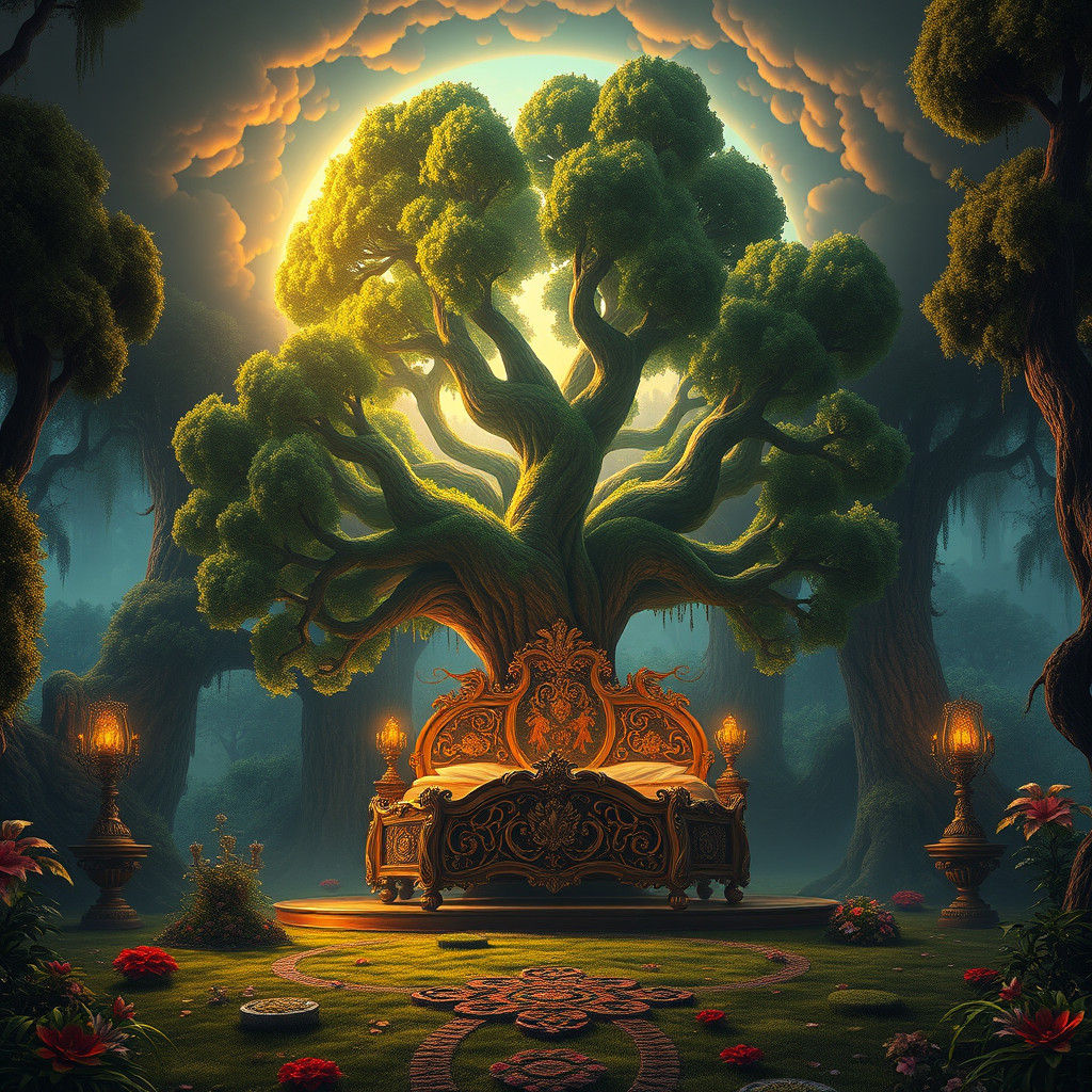 Lush Forest Tree Growing Through Ornate Bed