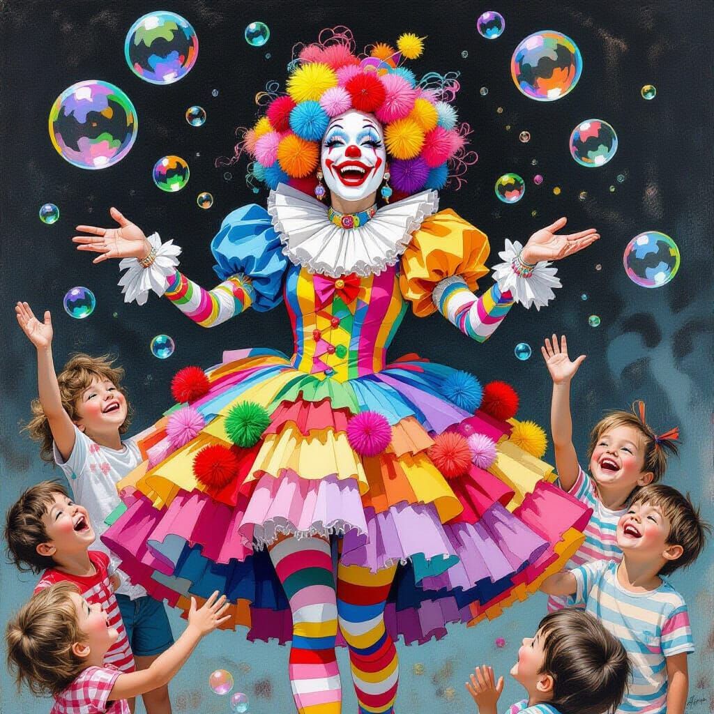 Clown Lady Surrounded by Laughing Children in Charcoal Style