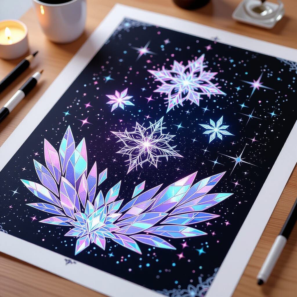 Cosmic Tattoo Sheet with Mirrored Shards in 3D Anime Art
