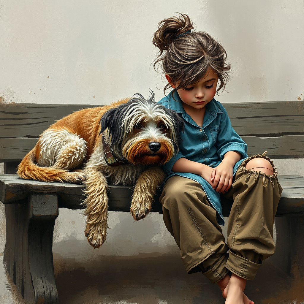 Girl and Dog in Whimsical Impasto Oil Painting