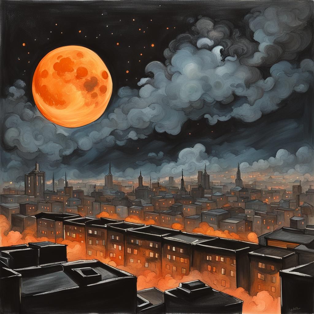 Dystopian Cityscape Under Orange Moon, Gouache Painting