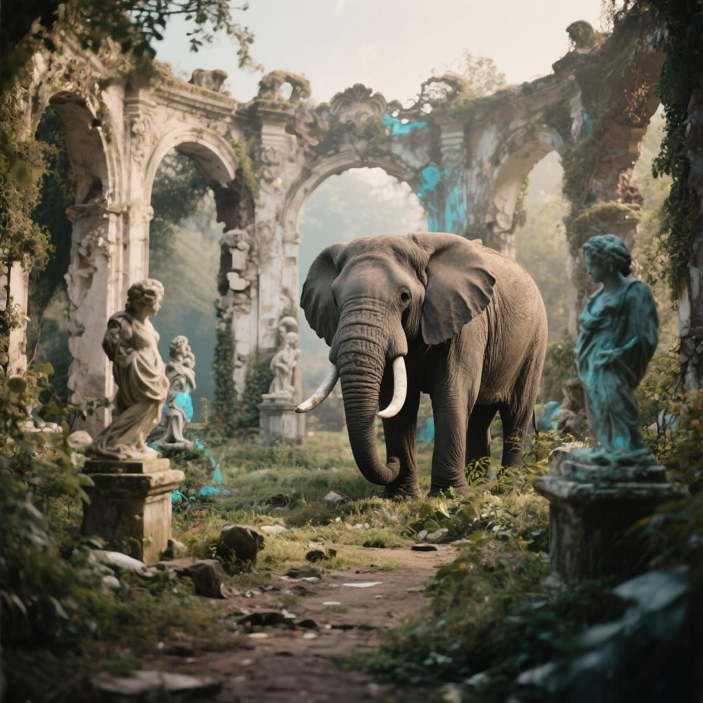 Elephant in Rococo Garden, Vintage Sepia Photograph