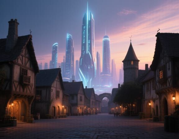Medieval Village Square Meets Future, Cinematic Lighting