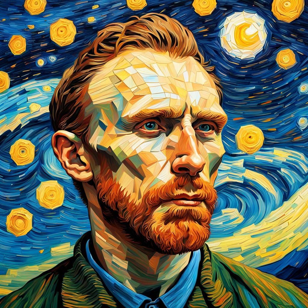 Van Gogh Starry Night Self-Portrait in Hyperrealistic Style