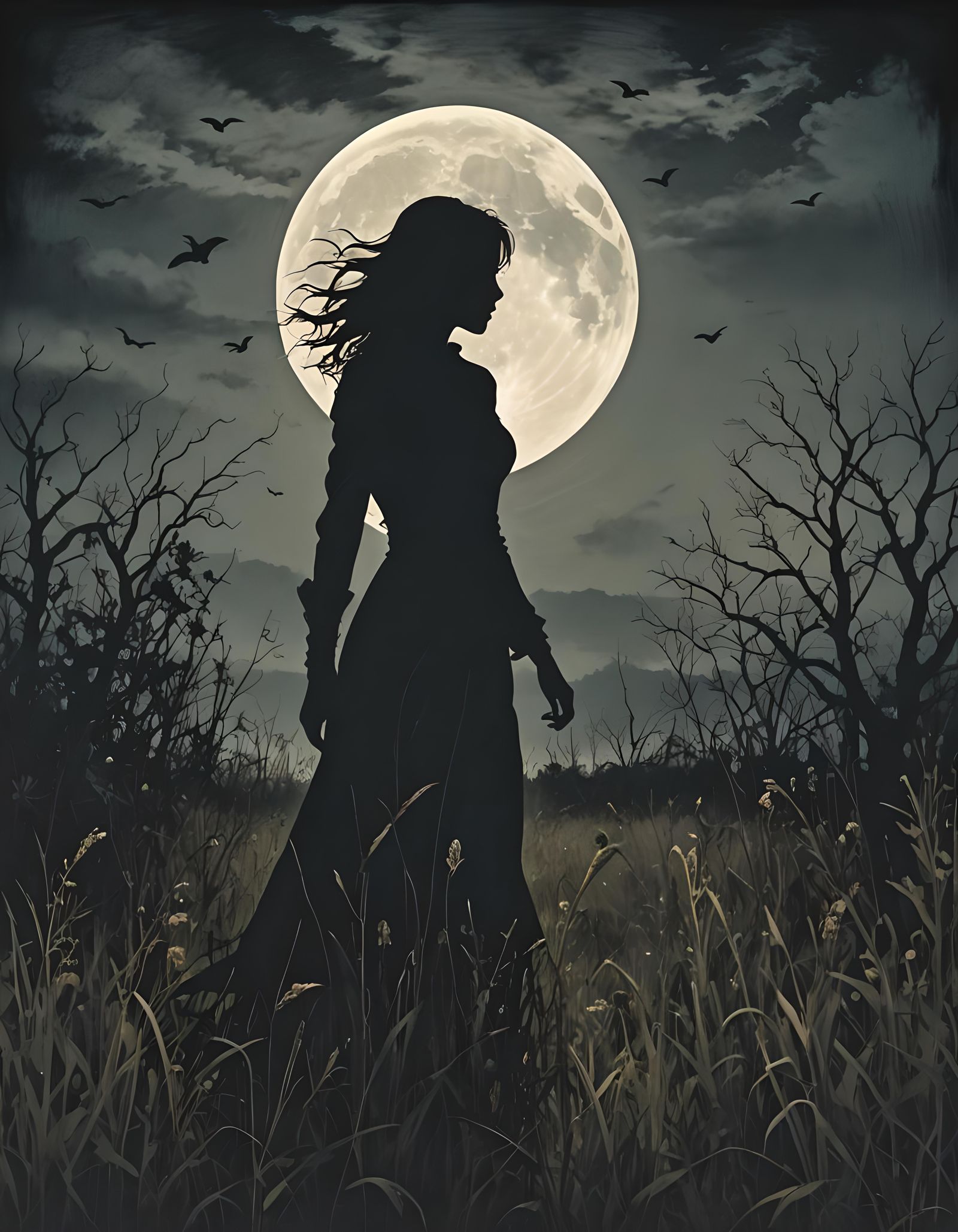 Eerie Silhouette in Meadow on Windy Moonlit Night
