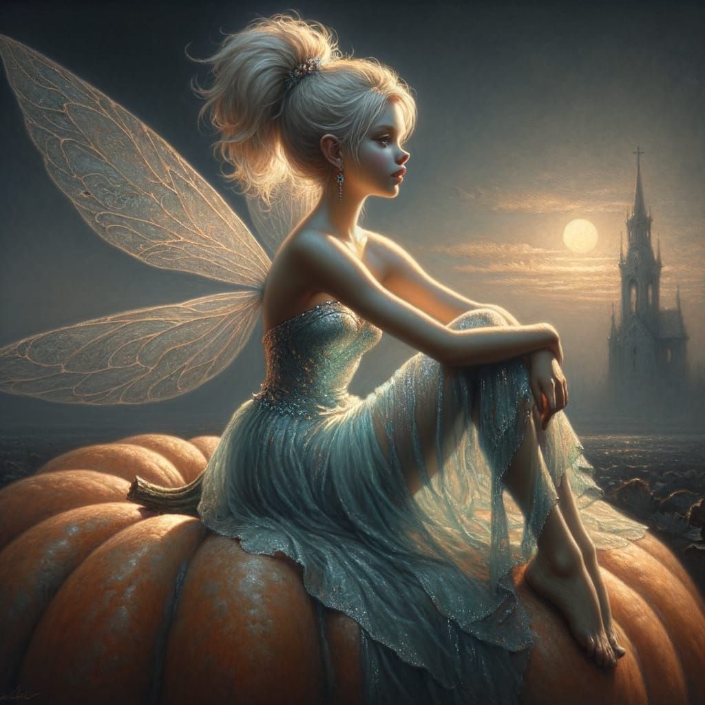 Enchanting Fairy on Pumpkin in Oil Painting Style
