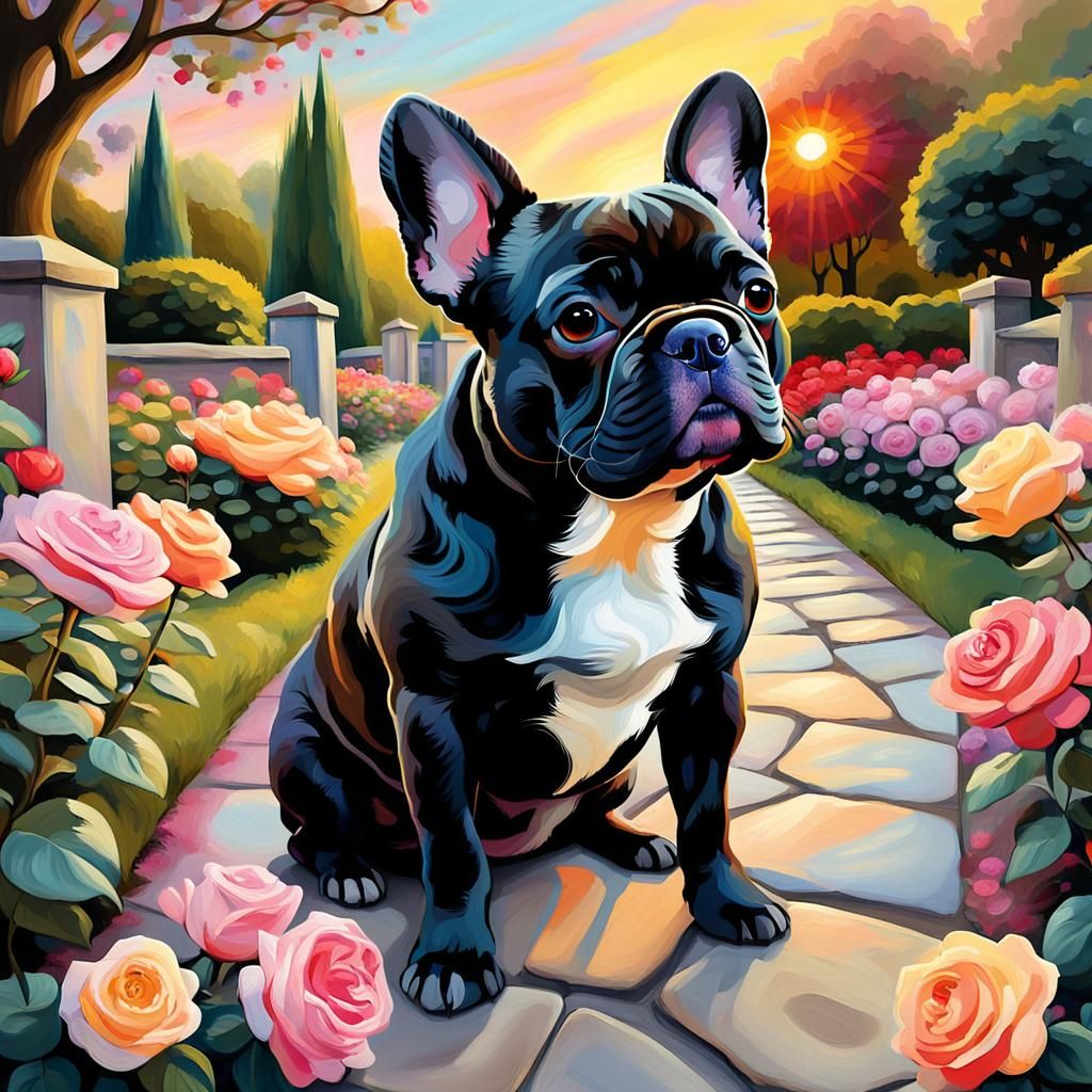 French Bulldog in Impressionist Rose Garden