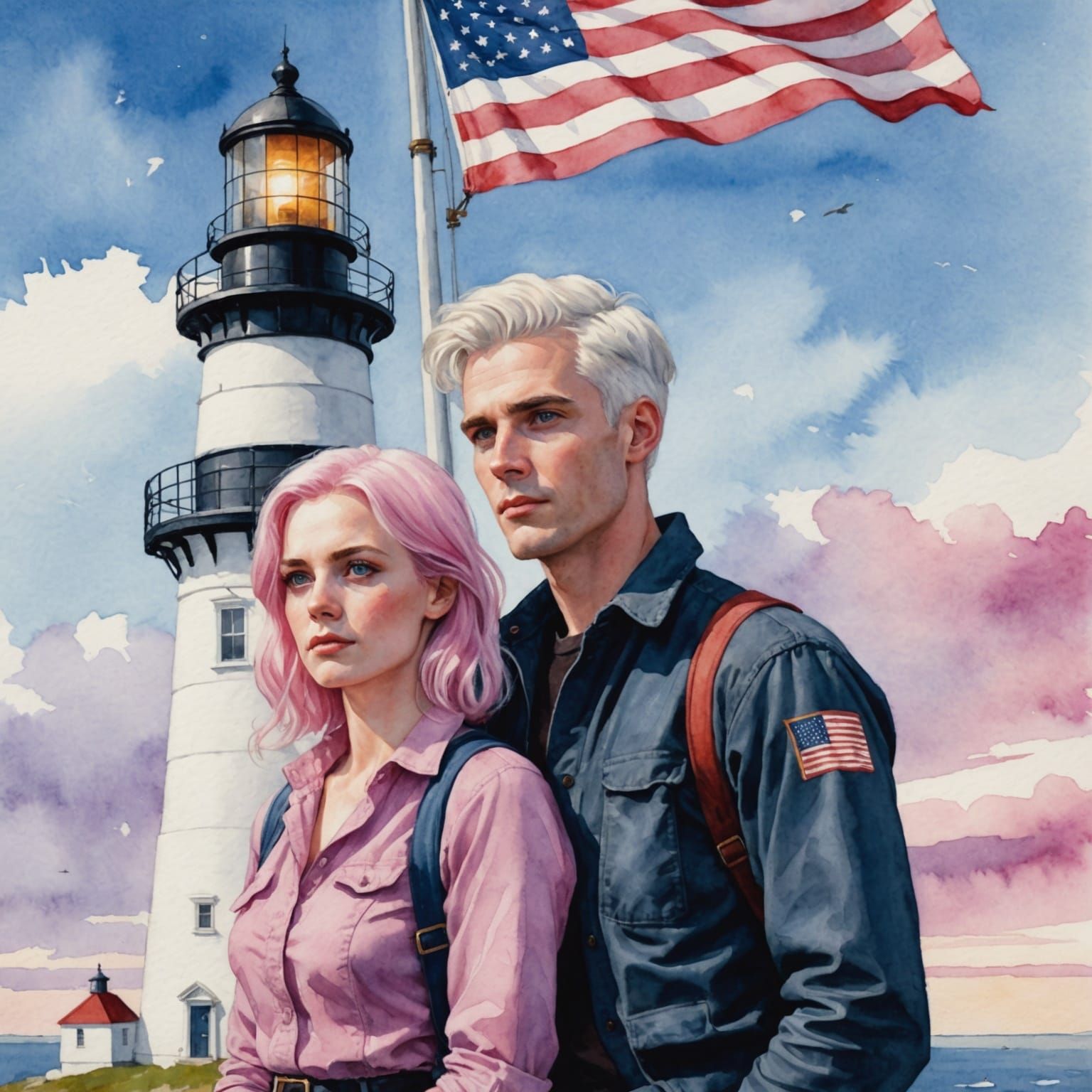 Pink Haired Woman at Maine Lighthouse, Watercolor