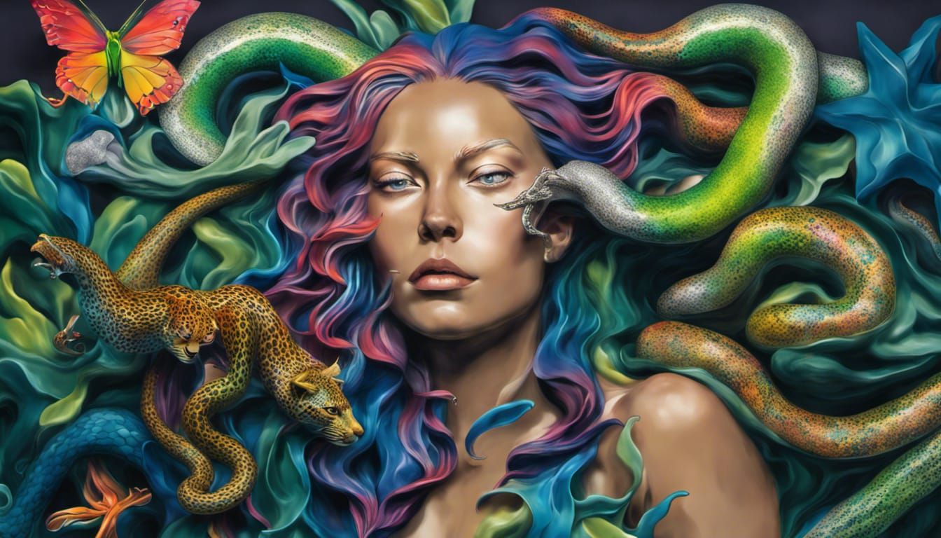 Surreal Sculpture: Leopard Woman Riding Unicorn