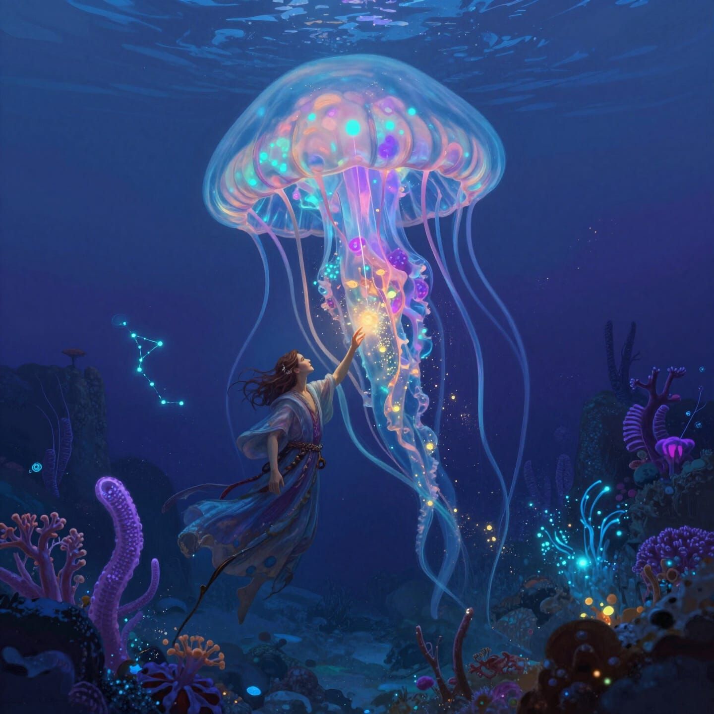 Deep Sea Sorcerer Meets Giant Bioluminescent Jellyfish