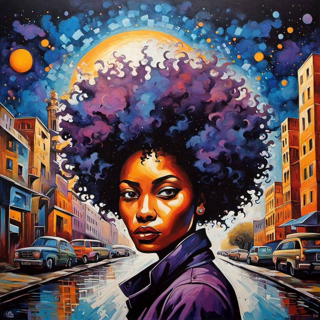 Surrealist Cityscape with Afro Goddess and Celestial Hair