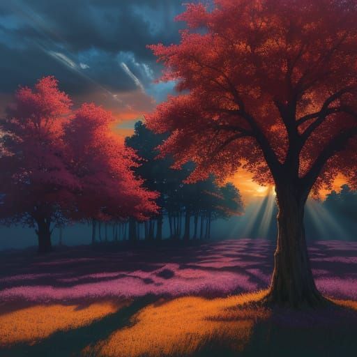 Oil Painting of Sunset with Gnarled Tree and Sunbeams