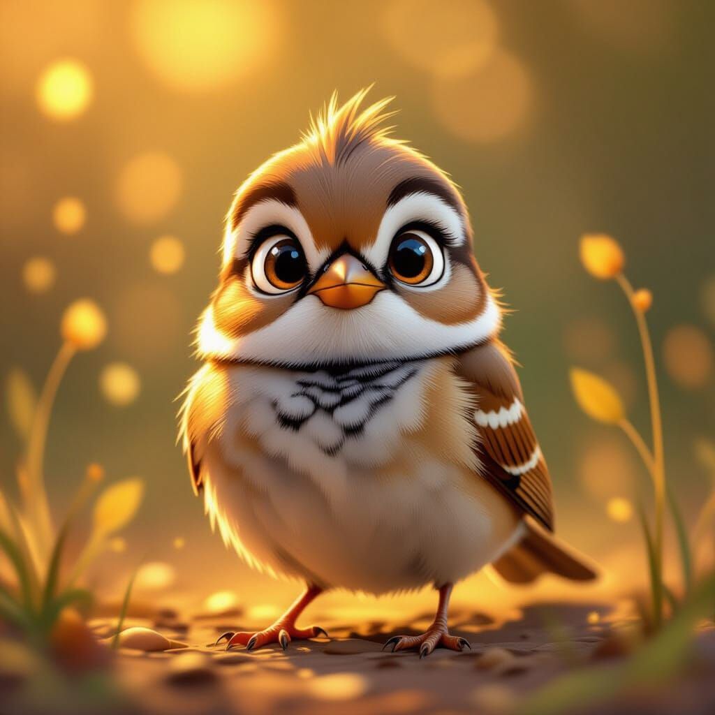 Curious Sparrow in Pixar Style with Golden Lighting
