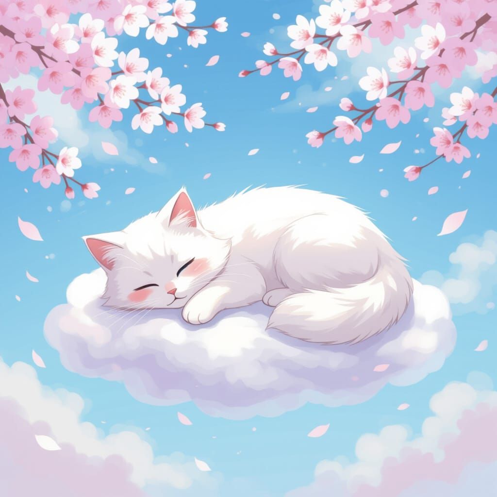 Fluffy Cat Sleeps on Cloud in Pastel Sky