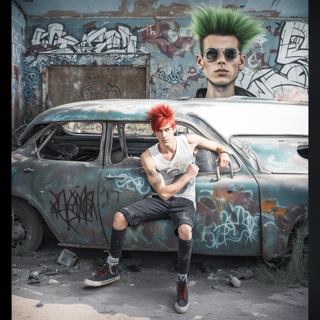Punk in Abandoned Car with Graffiti Art