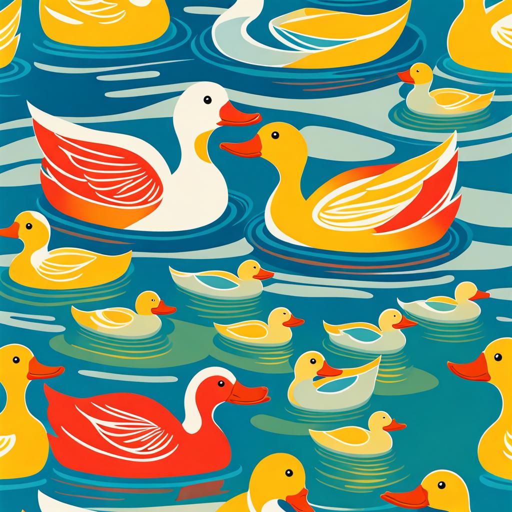 Abstract Ducks in Pond with Complementary Colors