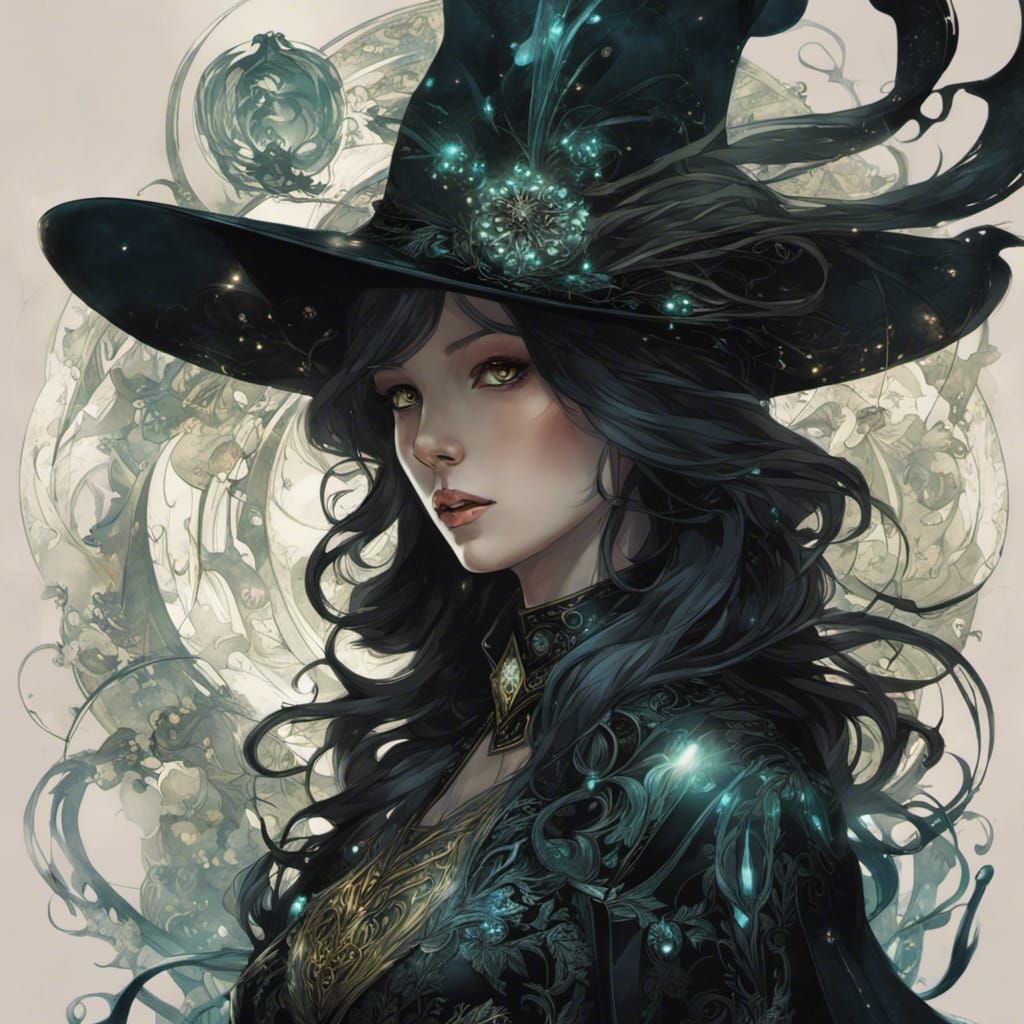 Art Nouveau Witch Tarot Card with Bioluminescent Glow