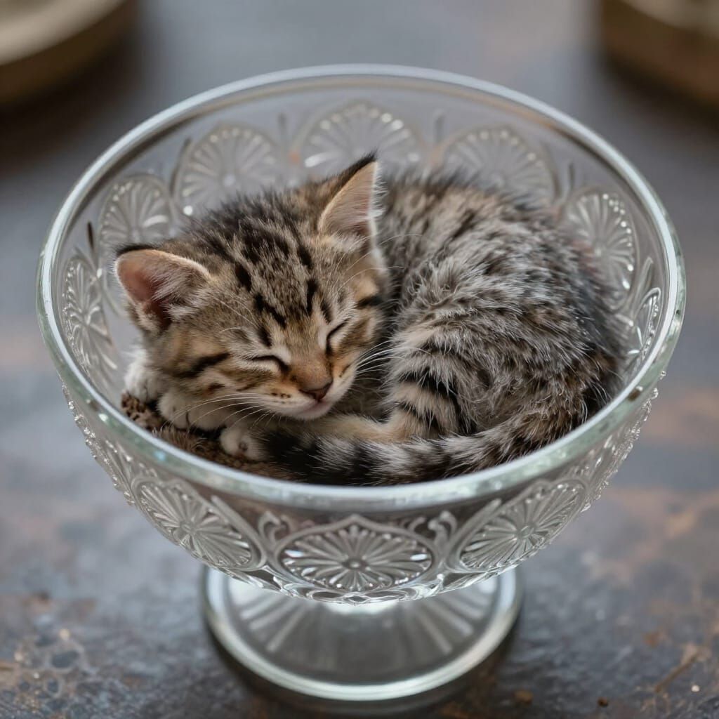 Cute Kitten Asleep in Ornate Glass Bowl