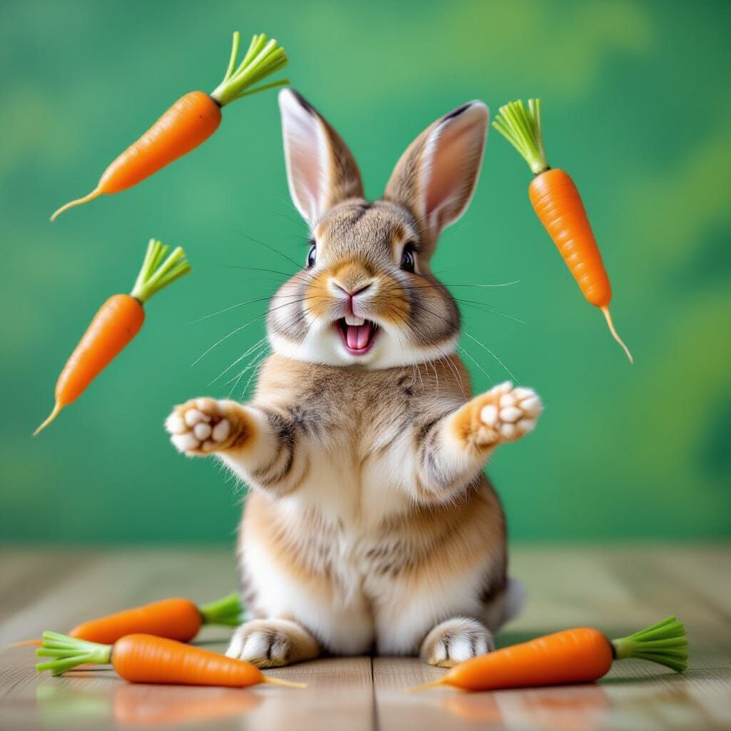 Laughing Bunny Juggling Carrots in Photorealistic Style