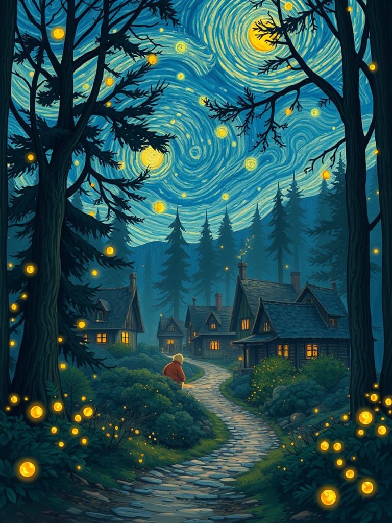 Whimsical Anime Forest Scene with Glowing Fireflies