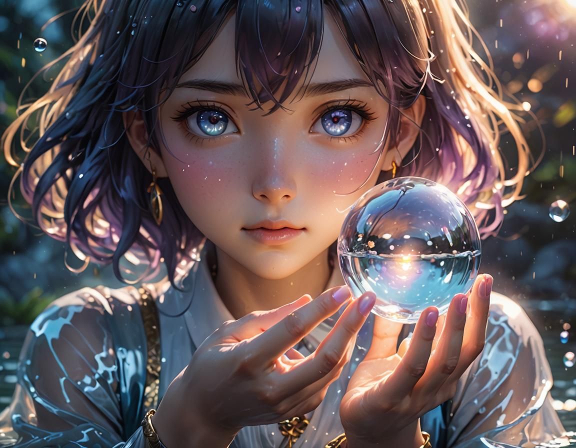 Anime Female Holding Glowing Water Sphere