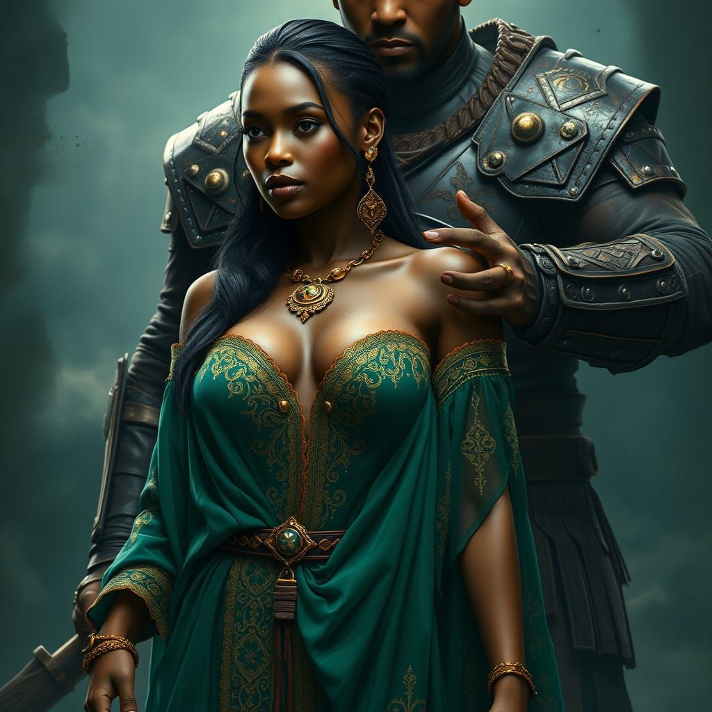 Sensual Fantasy Goddess with Warrior in Dramatic Lighting