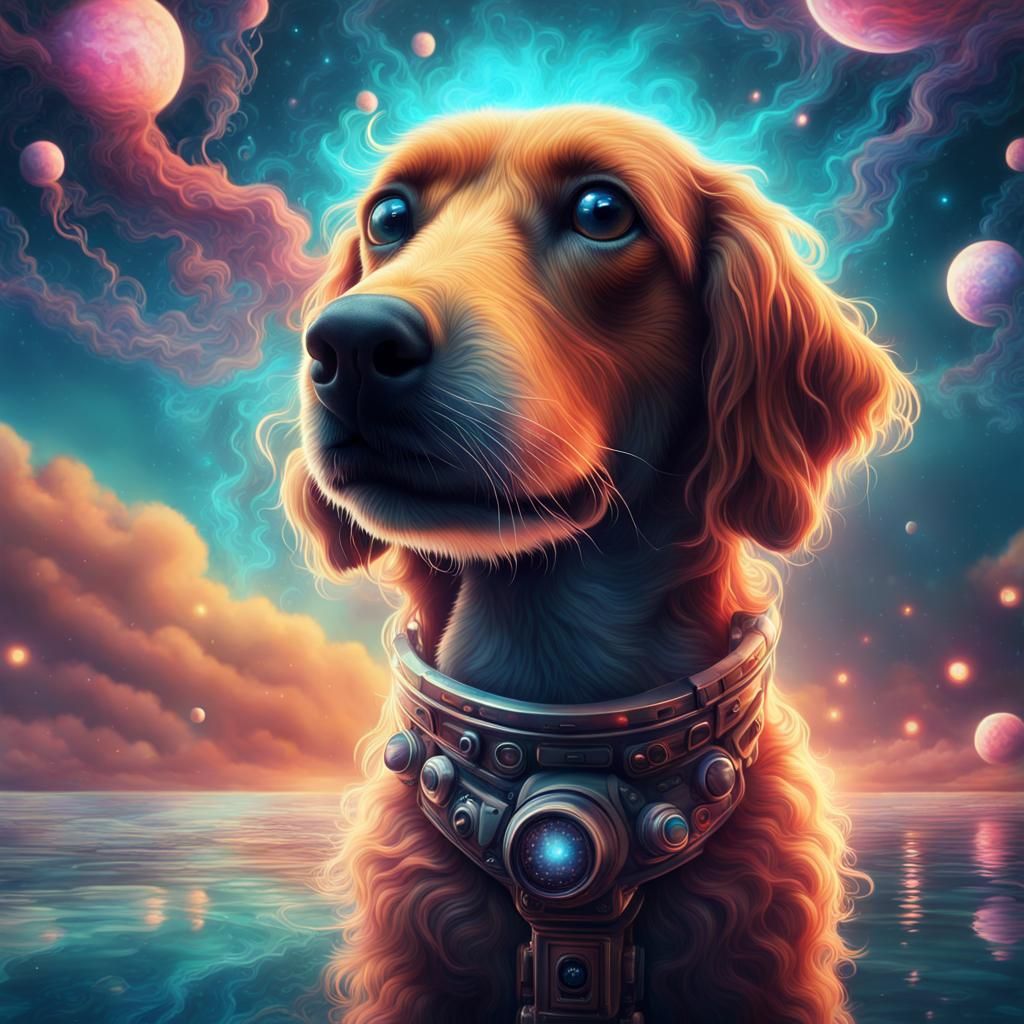 Psychedelic Dog Gazing at Starry Sky