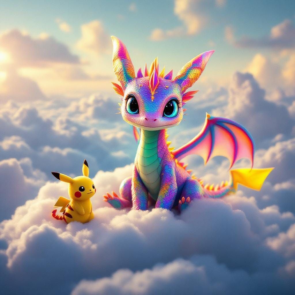 Rainbow Dragon and Pikachu on a Cloud