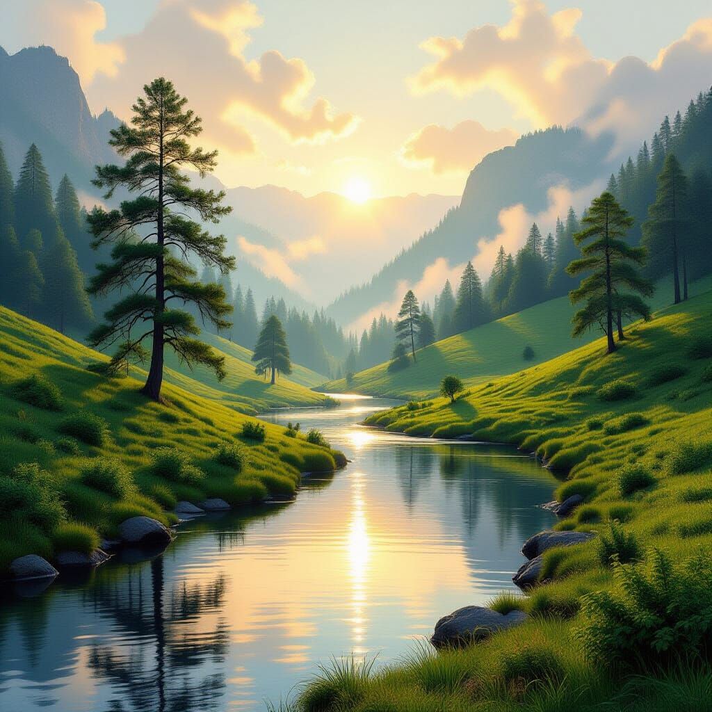 Hyper-Realistic Landscape: Serene River Valley at Dawn